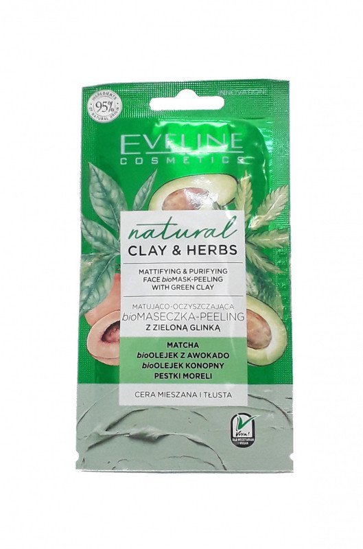 Матирующе-очищающая bioМАСКА – пилинг зеленая глина серии NATURAL CLAY & HERBS Eveline, 8мл фото 1 &mdash; TD-EX.RU