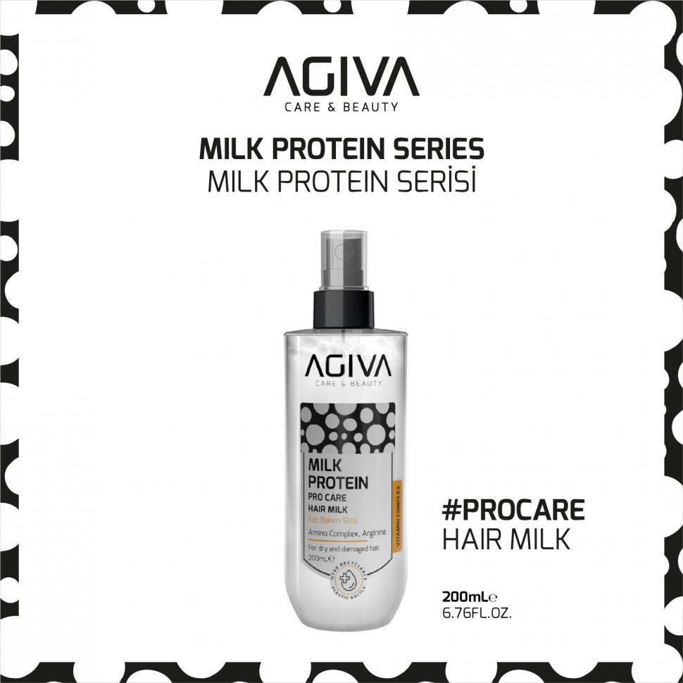 Несмываемый спрей кондиционер для волос MILK PROTEIN AMINO COMPLEX PRO CARE HAIR MILK AGİVA, 200 мл фото 1 &mdash; TD-EX.RU