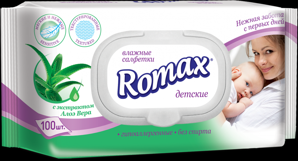 Влажные салфетки детские с экстрактом алоэ «Romax» 100 шт. фото 1 &mdash; TD-EX.RU